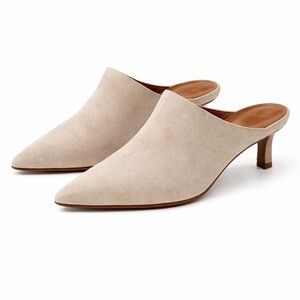 Aquatalia Taupe Suede Pointed Toe Mule Kitten Heel Minimalist Italian size 8.5